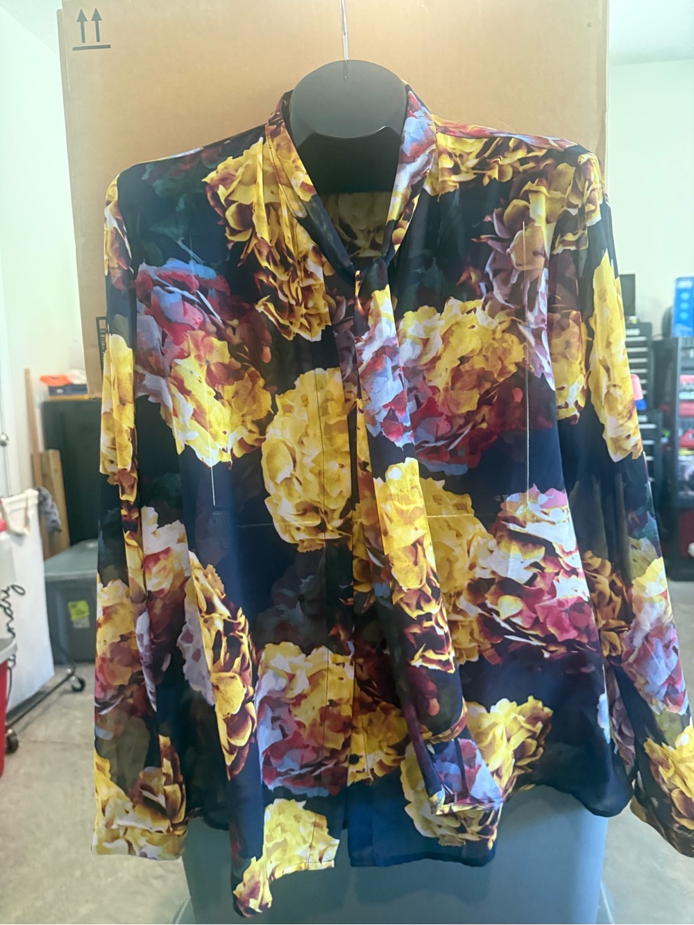 Floral Tie-Neck Long Sleeve Shirt - Yellow Floral on Navy mp49